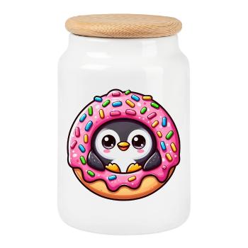 Mignon Pingouin Donut Dessert Fantaisiste Drôle - Boîte à biscuits avec couvercle en bois - blanc - Devant