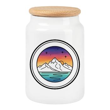 Mountain Lake Sunset Circle - Cookie Jar with Wooden Lid - white - Front