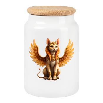 Goldene geflügelte Katze - Keksdose mit Holzdeckel - Weiß - Vorne