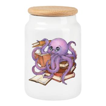 Reading Octopus in Stack of Books Book Gift - Cookie Jar with Wooden Lid - white - Front