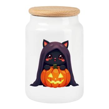 Chat d’Halloween avec citrouille d’Halloween - Boîte à biscuits avec couvercle en bois - blanc - Devant