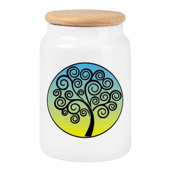 Tree of Life, Blue and Yellow Background - Cookie Jar with Wooden Lid - white - Front