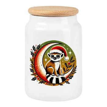 Santa Lemur on Moon - Cookie Jar with Wooden Lid - white - Front