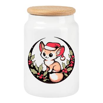 Kawaii Fox in Holly Circle Santa Hat - Cookie Jar with Wooden Lid - white - Front