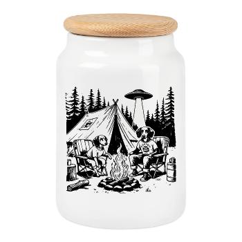 Funny Dachshund Camping UFO Adventure T-Shirt - Cookie Jar with Wooden Lid - white - Front