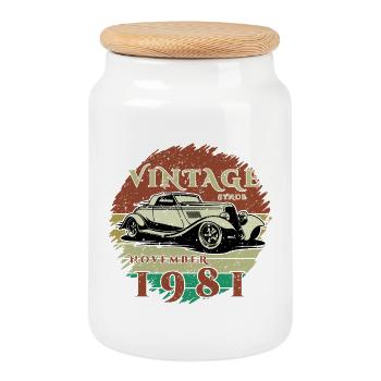44. Geburtstag - Klassiker - Vintage since 11/1981 - Keksdose mit Holzdeckel - Weiß - Vorne