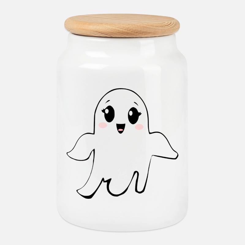 Halloween_T-shirt_Gespenst_spooky_cute_1_bunt - Keksdose mit Holzdeckel - Weiß