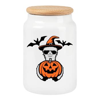 Lama Cool Halloween Kürbis Sonnenbrille Hexenhut - Keksdose mit Holzdeckel - Weiß - Vorne