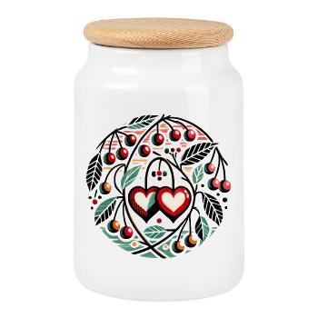 Heart Circle with Cherry Vines - Cookie Jar with Wooden Lid - white - Front