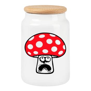 Champignon effrayé, paniqué, levant les yeux, - Boîte à biscuits avec couvercle en bois - blanc - Devant
