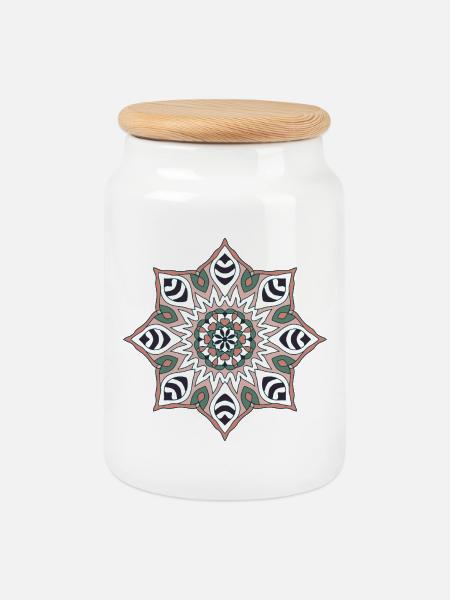 Erdton Mandala Muster - Keksdose mit Holzdeckel - Weiß