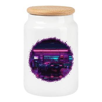 Neon Garage – Édition RétroRift Nuit - Boîte à biscuits avec couvercle en bois - blanc - Devant
