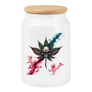 Skull with colored cannabis leaf - Cookie Jar with Wooden Lid - white - Front