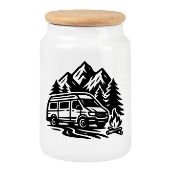 Camping - Cookie Jar with Wooden Lid - white - Front