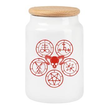 Red Demon Skull and Esoteric Symbols - Cookie Jar with Wooden Lid - white - Front
