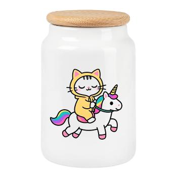 Chat sur une licorne arc en ciel - Boîte à biscuits avec couvercle en bois - blanc - Devant