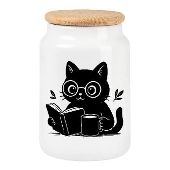 Book Cat Coffee Lover Book Reading Cat - Cookie Jar with Wooden Lid - white - Front