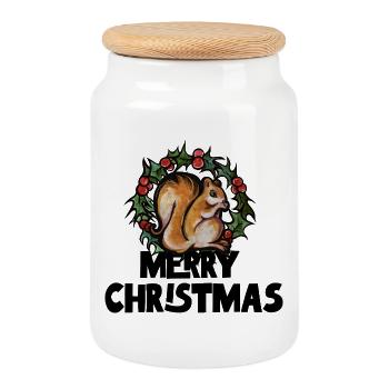 écureuil parmi la couronne de houx - Boîte à biscuits avec couvercle en bois - blanc - Devant