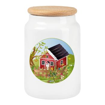 Small red house with idyllic garden - Cookie Jar with Wooden Lid - white - Front