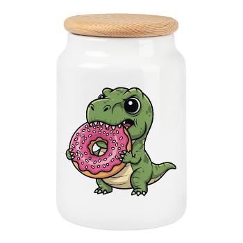 Cute T-Rex Dino Donut Cartoon Dessert Treat - Cookie Jar with Wooden Lid - white - Front