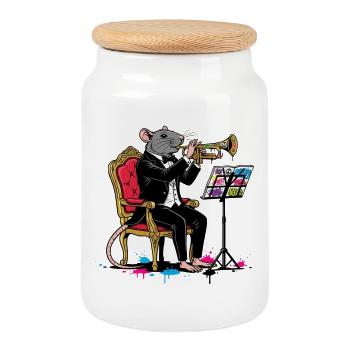 Jazzrat in tuxedo trumpet - Cookie Jar with Wooden Lid - white - Front