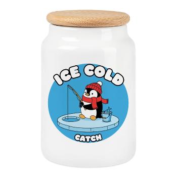 Eisfrost Pinguin fängt Eisfisch - Cookie Jar with Wooden Lid - white - Front