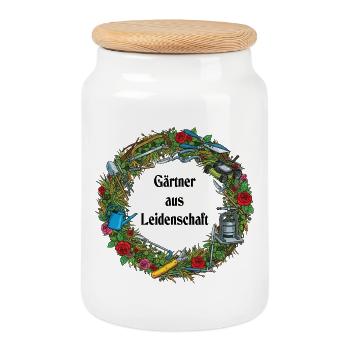 Couronne de jardin avec des outils et des roses - Boîte à biscuits avec couvercle en bois - blanc - Devant