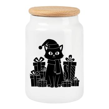 Christmas cat between gifts - Cookie Jar with Wooden Lid - white - Front