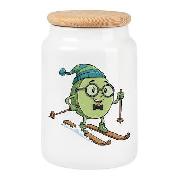 Brussels sprouts on skis fun winter skiing - Cookie Jar with Wooden Lid - white - Front