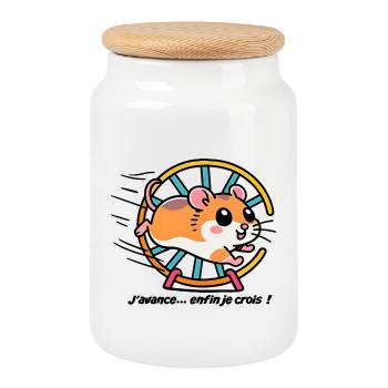 Hamster running in his wheel - Cookie Jar with Wooden Lid - white - Front