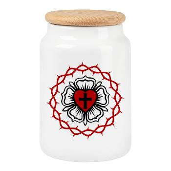 Lutheran rose and Crown of thorns - Cookie Jar with Wooden Lid - white - Front