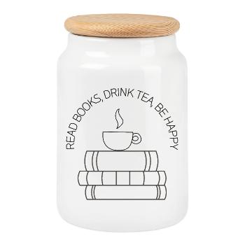 Reading, Tea & Happiness – Design - Cookie Jar with Wooden Lid - white - Front