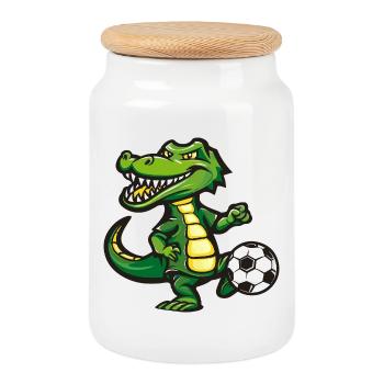 Caricature de héros de football crocodile - Boîte à biscuits avec couvercle en bois - blanc - Devant