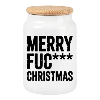 Merry FUC* Christmas Funny Holiday Design - Cookie Jar with Wooden Lid - white - Front