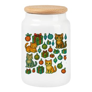 Festive Kitten Gift Pattern - Cookie Jar with Wooden Lid - white - Front