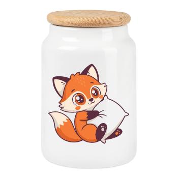 Renard cosy et oreiller - Boîte à biscuits avec couvercle en bois - blanc - Devant