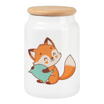 Pastel Cuddly Fox - Cookie Jar with Wooden Lid - white - Front