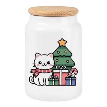 Chat de Noël Kawaii avec des cadeaux - Boîte à biscuits avec couvercle en bois - blanc - Devant