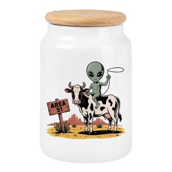 Funny Area 51 Alien UFO Riding Cow - Cookie Jar with Wooden Lid - white - Front