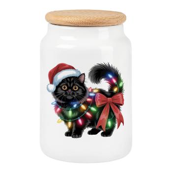 Chat de Noël - Boîte à biscuits avec couvercle en bois - blanc - Devant