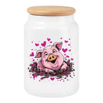 Coeur cochon dans la boue rose - Boîte à biscuits avec couvercle en bois - blanc - Devant