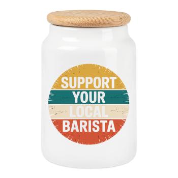 Support your local barista Kaffeeliebhaber - Cookie Jar with Wooden Lid - white - Front