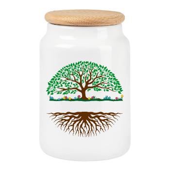 Colour illustration tree – brown trunk, green leaf - Cookie Jar with Wooden Lid - white - Front