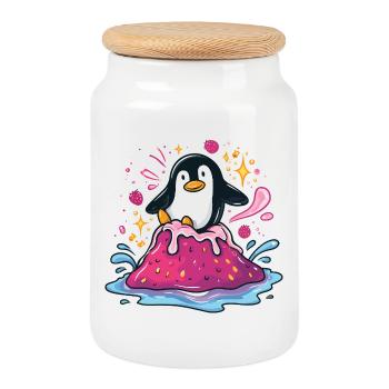 Penguin sur une vague de confiture rose - Boîte à biscuits avec couvercle en bois - blanc - Devant