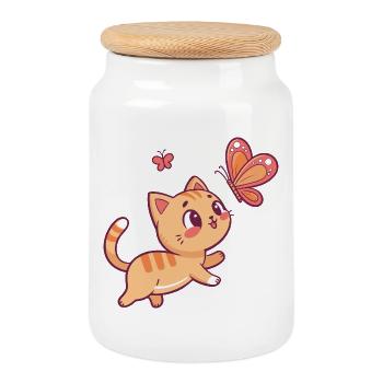Chaton et Papillon en Joie - Boîte à biscuits avec couvercle en bois - blanc - Devant
