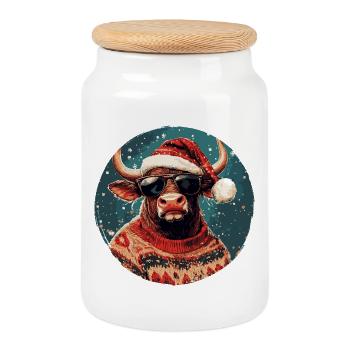 Noël de Noël Bull - Boîte à biscuits avec couvercle en bois - blanc - Devant
