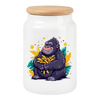 Banana Gorilla Cuddle Motif - Cookie Jar with Wooden Lid - white - Front