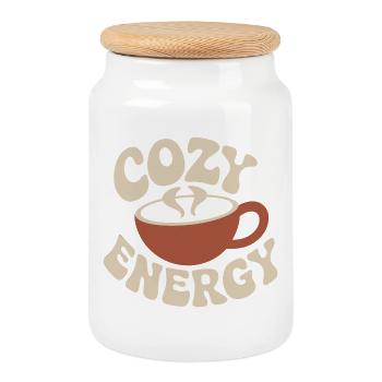 Cozy Energy – Vintage Kaffeetasse - Keksdose mit Holzdeckel - Weiß - Vorne