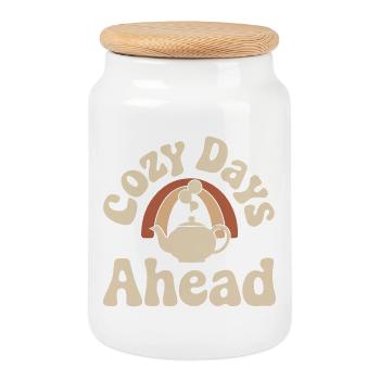 Cozy Days Ahead – Vintage Teapot - Cookie Jar with Wooden Lid - white - Front