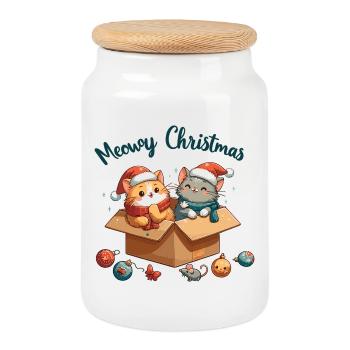 Noël mignons et mignons chats de Noël - Boîte à biscuits avec couvercle en bois - blanc - Devant